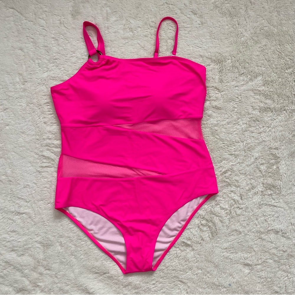 NWOT HEYTALALA Women's Pink Swimsuit Size XL One Piece One Shoulder Cutout Mesh